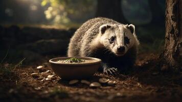 A badger approaches a bowl of food in a serene forest setting. photo