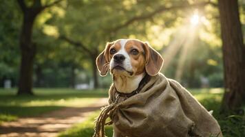 A beagle wrapped in a burlap cloth sits in a sunlit park, surrounded by greenery. photo