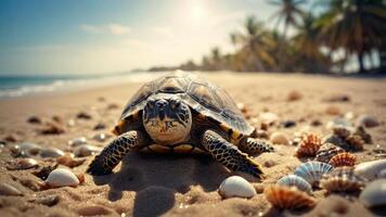 A turtle on a sandy beach surrounded by seashells and palm trees under a sunny sky. photo