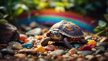 A turtle crawls over colorful pebbles with a rainbow in the background. photo