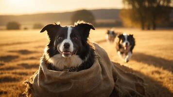A playful dog wrapped in a blanket in a golden field with other dogs in the background. photo