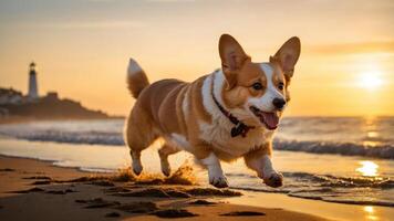 A playful corgi running along the beach at sunset with a lighthouse in the background. photo