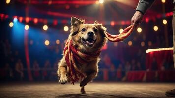 A joyful dog performs in a circus, showcasing its skills and engaging the audience. photo