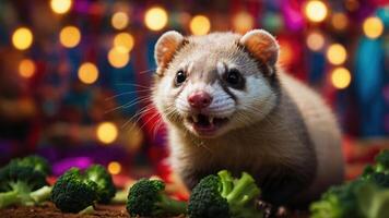 A playful ferret surrounded by broccoli, set against a colorful, festive background. photo