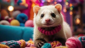 A playful ferret wearing a pink collar, surrounded by colorful yarn in a cozy setting. photo