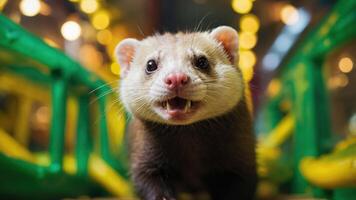 A close-up of a ferret with an expressive face in a vibrant play area. photo