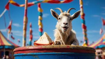 A playful goat rests on a colorful barrel with a slice of cheese, set against a circus backdrop. photo