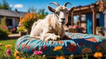 A goat lounging on a colorful cushion surrounded by flowers in a sunny garden. photo