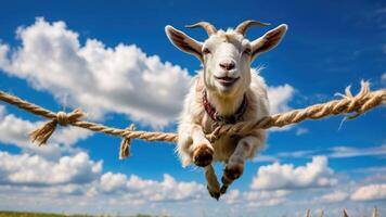 A playful goat leaps joyfully against a bright blue sky with fluffy clouds. photo