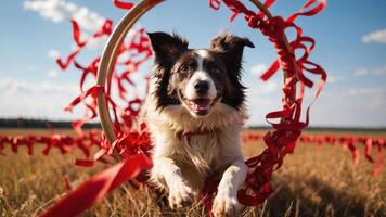 A dog joyfully jumps through a hoop in a field decorated with red ribbons. photo