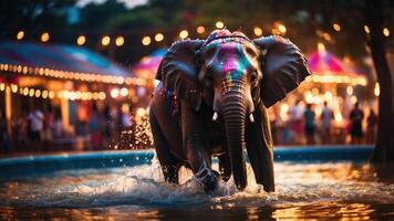 An elephant splashes in a festive water setting, surrounded by colorful lights and people. photo