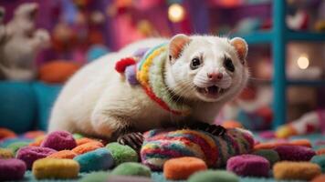 A playful ferret wearing a colorful scarf among vibrant, soft candies. photo
