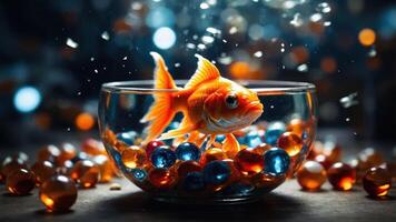 A goldfish in a bowl surrounded by colorful marbles, creating a vibrant and playful scene. photo