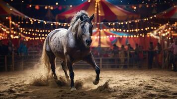 A horse running in a vibrant circus setting with colorful tents and festive lights. photo