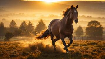 A horse gallops through a misty landscape at sunrise, creating a serene and dynamic scene. photo