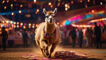 A llama performing at a festive circus event, showcasing agility and entertainment. photo