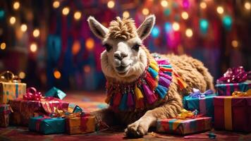 A festive llama adorned with colorful decorations surrounded by wrapped gifts. photo
