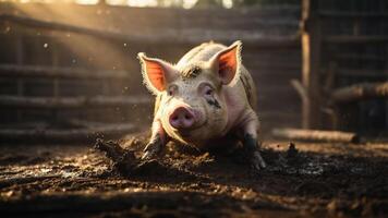 A pig running playfully in a muddy farmyard during golden hour. photo