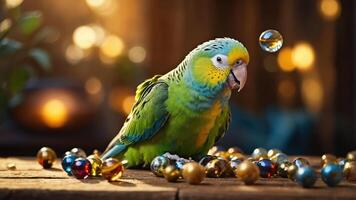 A vibrant parrot surrounded by colorful beads, creating a whimsical atmosphere. photo