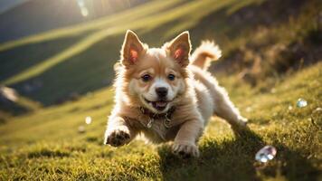 A playful puppy runs joyfully across a grassy field with sunlight shining in the background. photo
