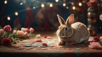 A serene rabbit resting on a decorated table surrounded by flowers and soft lighting. photo