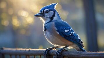 A blue jay perched on a fence, illuminated by soft, warm sunlight. photo