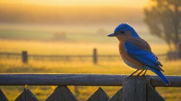 A bluebird perched on a fence during a serene sunrise in a rural landscape. photo