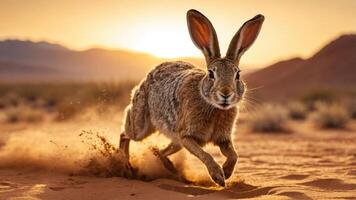 A rabbit running through the desert at sunset, capturing a moment of wildlife in motion. photo