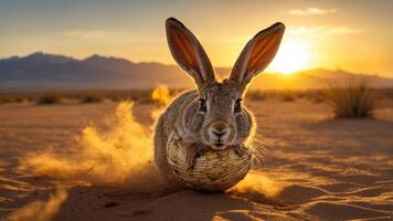 A rabbit running in the desert at sunset, kicking up dust while carrying a ball. photo