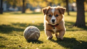 A playful puppy running towards a ball in a sunny park. photo