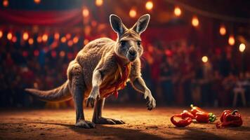 A kangaroo stands in a lively setting, surrounded by spectators and red peppers. photo