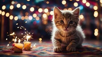 A playful kitten surrounded by festive lights and sparklers, creating a joyful atmosphere. photo