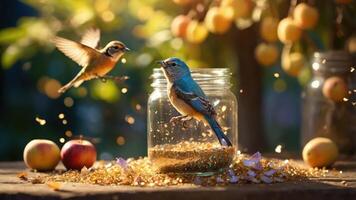 A vibrant scene with two birds near a jar filled with sparkling seeds and fruits. photo