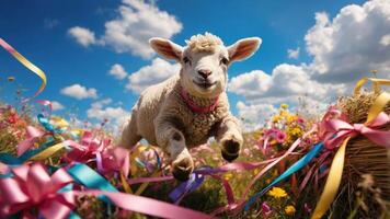 A joyful lamb leaps through a colorful field adorned with ribbons and flowers under a bright sky. photo