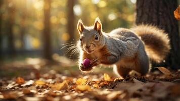 A squirrel running with a small object in a sunlit autumn forest. photo