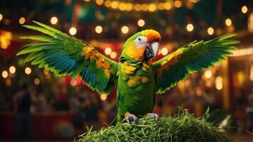 A vibrant parrot with outstretched wings stands on grass, surrounded by festive lights. photo