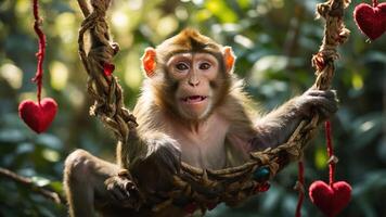 A playful monkey sitting on a heart-adorned swing in a lush, green environment. photo