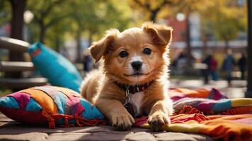 A cute puppy lounging on colorful pillows in a park setting. photo