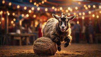 A playful goat leaps over a ball of rope in a festive outdoor setting with lights. photo