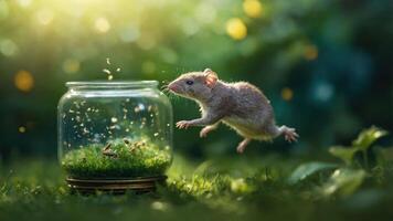 A mouse leaps near a glass jar filled with grass and mushrooms, illuminated by soft light. photo