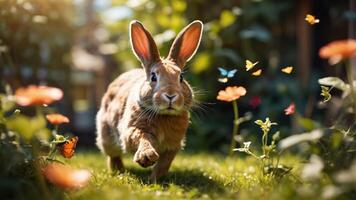 A playful rabbit runs through a vibrant garden filled with flowers and butterflies. photo
