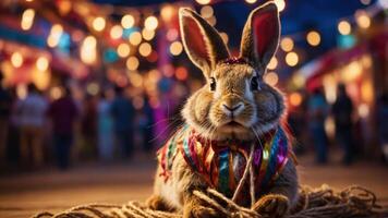 A festive rabbit adorned with colorful attire sits on a rope, amidst a lively background. photo