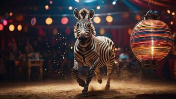 A zebra runs in a vibrant circus setting, illuminated by colorful lights and a hanging lantern. photo