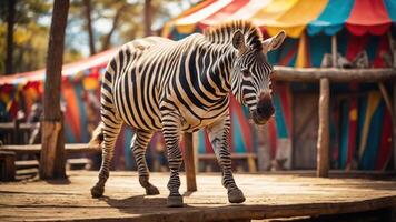 A zebra walks on a wooden platform in a colorful circus setting. photo