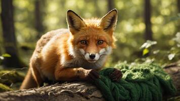 A red fox resting on a log, curiously looking at the viewer in a lush forest setting. photo