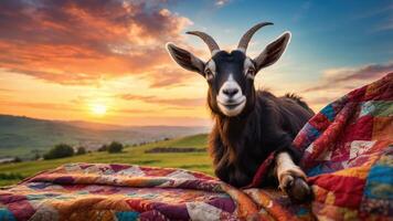 A goat resting on a colorful quilt with a sunset backdrop. photo