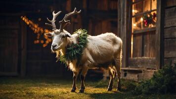 A reindeer adorned with a festive wreath stands near a rustic wooden cabin, evoking holiday cheer. photo