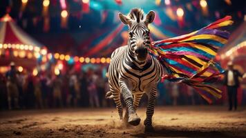 A zebra runs energetically through a colorful circus, trailing vibrant ribbons. photo