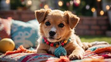 A playful puppy resting on a colorful blanket with festive decorations. photo