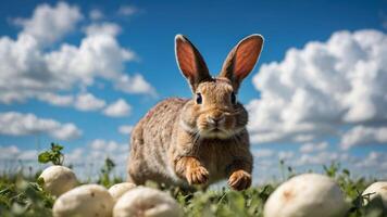 A rabbit hops through a field with mushrooms under a bright sky. photo